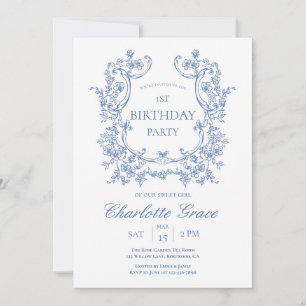 Dusty Blue Vintage Monogramme Invitation d'anniver
