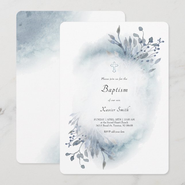 •dusty blue watercolor  Baptism baby boy Invitation (Front/Back)