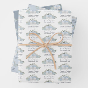 Dusty Blue Watercolor Boho Floral Bouquet Wedding Wrapping Paper Sheet