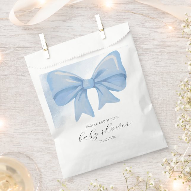 Dusty Blue Watercolor Bow Baby Shower Favour Bag (Clipped)