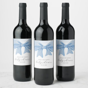 Dusty Blue Watercolor Bow Baby Shower Wine Label