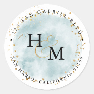 Dusty Blue Watercolor Brush Gold Script Ampersand  Classic Round Sticker