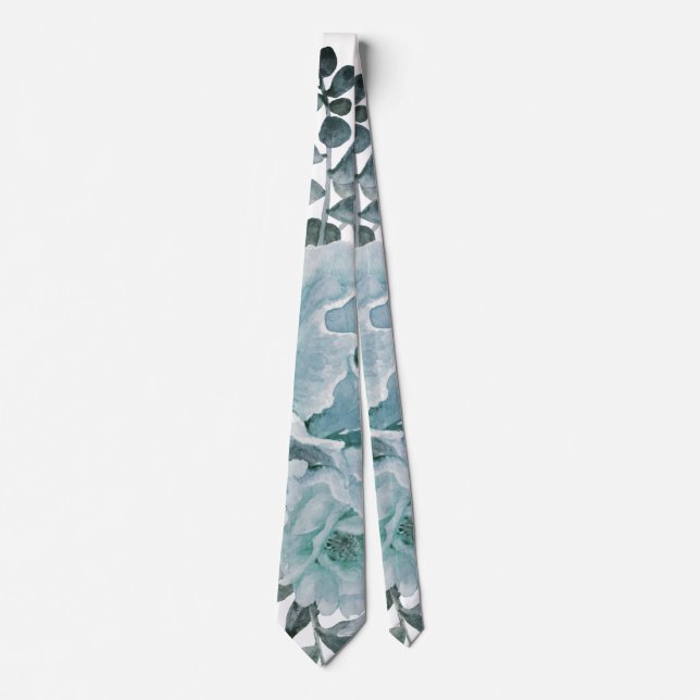 Dusty blue watercolor cactus flowers, succulent tie (Front)