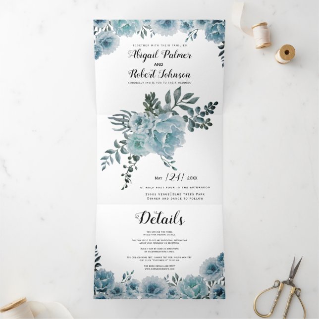 Dusty blue watercolor cactus flowers wedding Tri-Fold invitation (Inside)