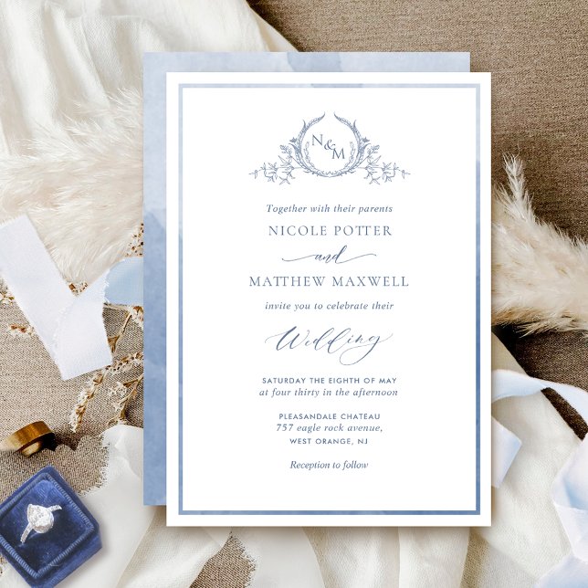 Dusty Blue, Watercolor Elegant Monogram Wedding Invitation (Creator Uploaded)