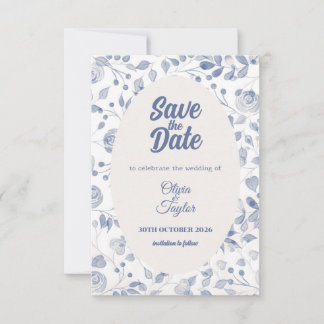 Dusty Blue Watercolor Flora Save The Date Card