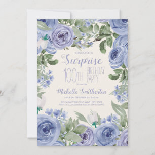 Dusty Blue Watercolor Floral 100th Birthday Party Invitation