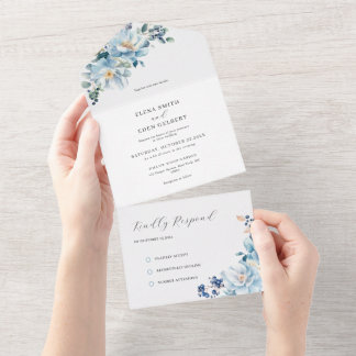 Dusty Blue watercolor floral All In One Invitation