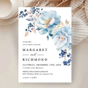 Dusty Blue Watercolor Floral Berry Winter Wedding  Invitation