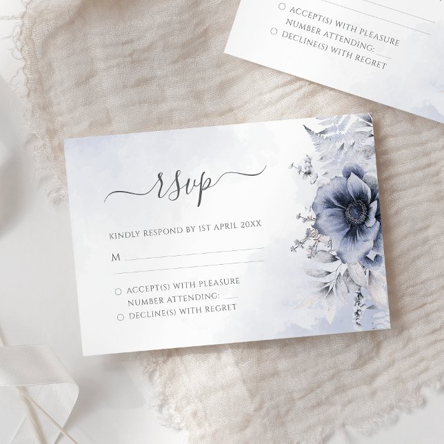 Dusty Blue Watercolor Floral Botanical Wedding RSVP Card (Creator Uploaded)