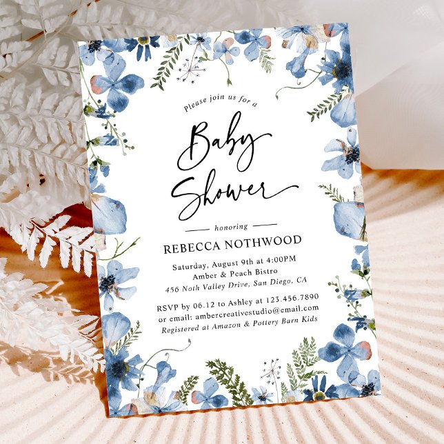 Dusty Blue Watercolor Floral Boy Baby Shower Invitation (Creator Uploaded)