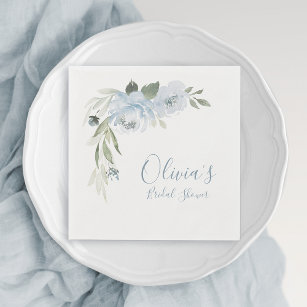 Dusty blue watercolor floral bridal shower napkin