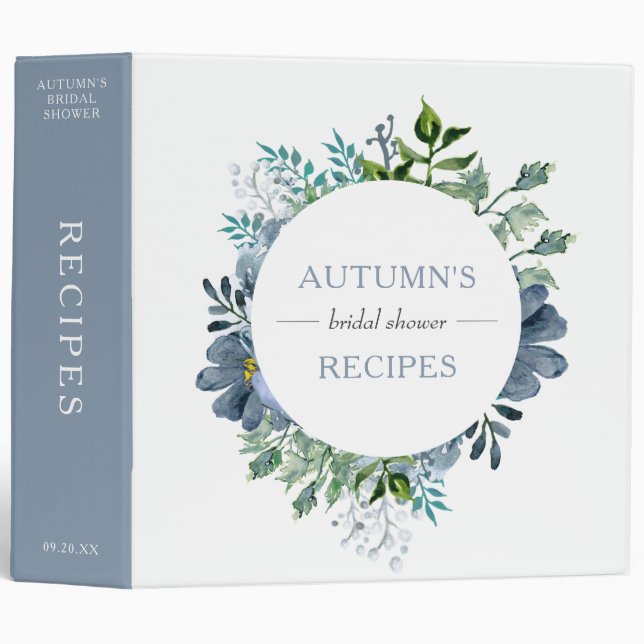 Dusty Blue Watercolor Floral Bridal Shower Recipes Binder (Front/Spine)