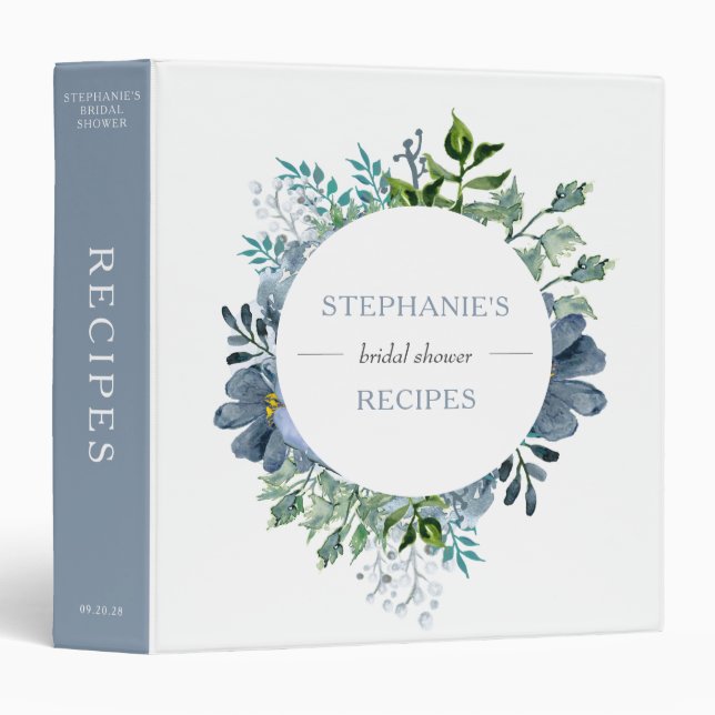 Dusty Blue Watercolor Floral Bridal Shower Recipes Binder (Front/Spine)