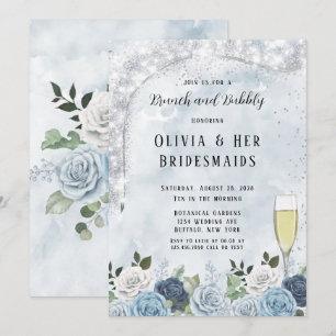 Dusty Blue Watercolor Floral Brunch and Bubbly Invitation