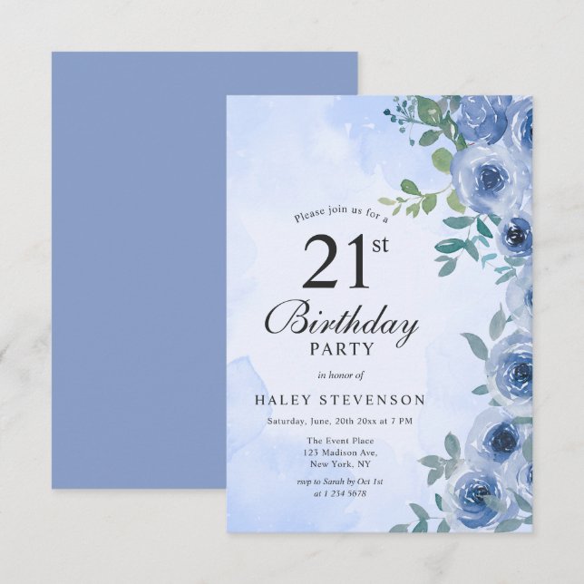 Dusty Blue Watercolor Floral Chic 21st Birthday Invitation (Front/Back)