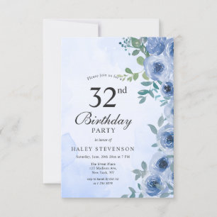 Dusty Blue Watercolor Floral Chic 32nd Birthday Invitation