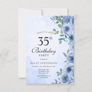 Dusty Blue Watercolor Floral Chic 35th Birthday Invitation