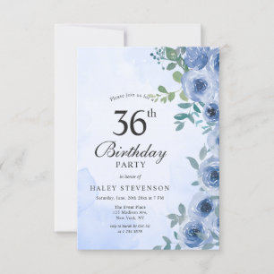 Dusty Blue Watercolor Floral Chic 36th Birthday Invitation