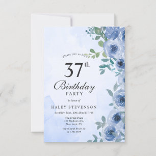 Dusty Blue Watercolor Floral Chic 37th Birthday Invitation