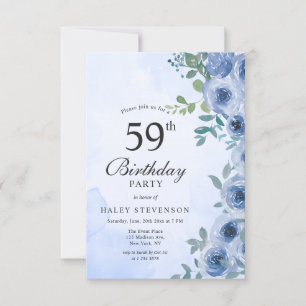 Dusty Blue Watercolor Floral Chic 59th Birthday In Invitation