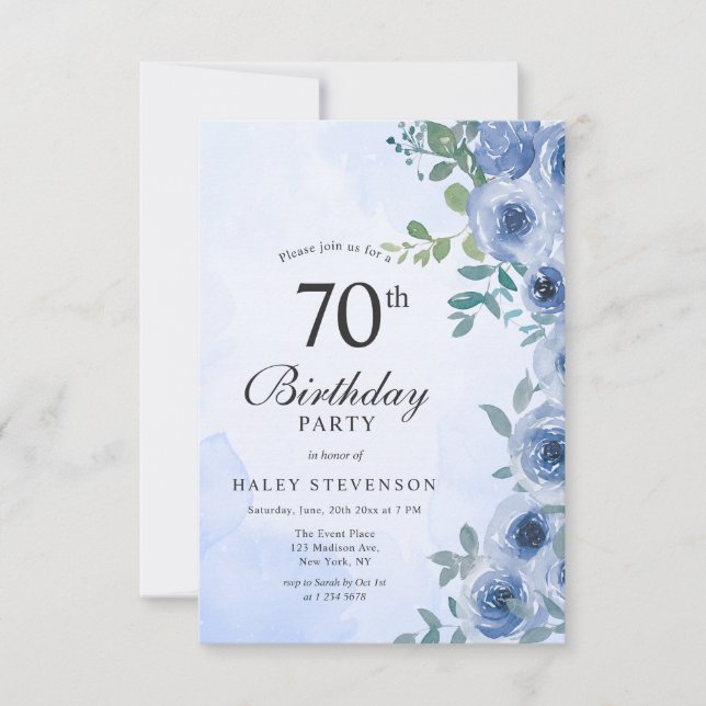 Dusty Blue Watercolor Floral Chic 70th Birthday In Invitation (Front)