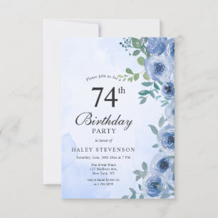 Dusty Blue Watercolor Floral Chic 74th Birthday In Invitation