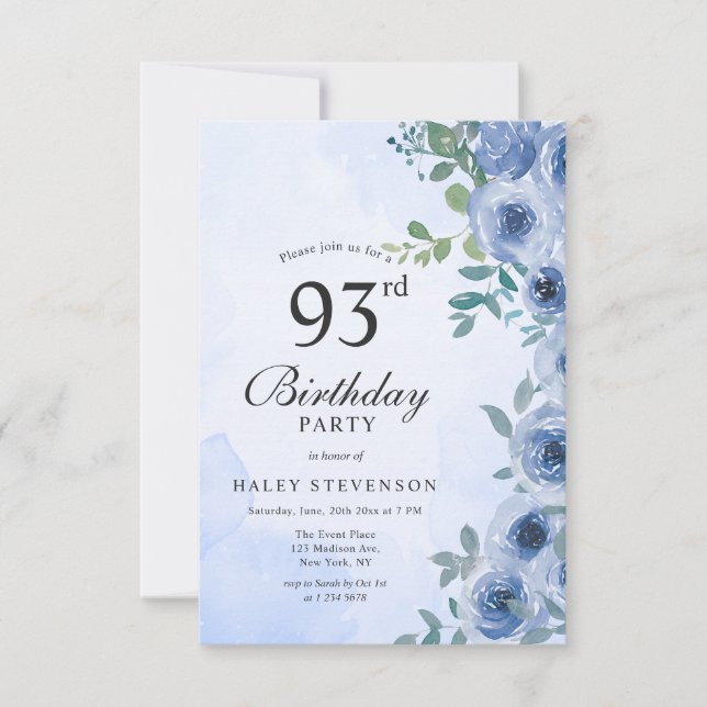 Dusty Blue Watercolor Floral Chic 93rd Birthday Invitation (Front)