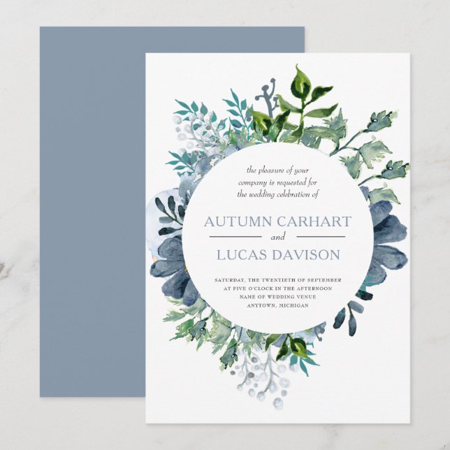 Dusty Blue Watercolor Floral Circle Wedding Invitation (Front/Back)