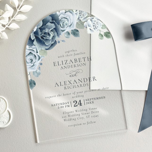 Dusty Blue Watercolor Floral Elegant Wedding Acrylic Invitations (Creator Uploaded)