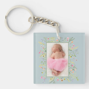 Dusty Blue Watercolor Floral Frame Photo Keychain