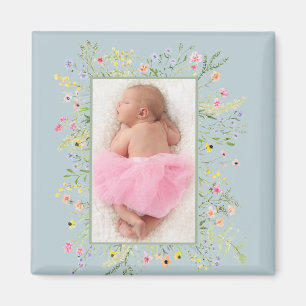 Dusty Blue Watercolor Floral Frame Photo Magnet