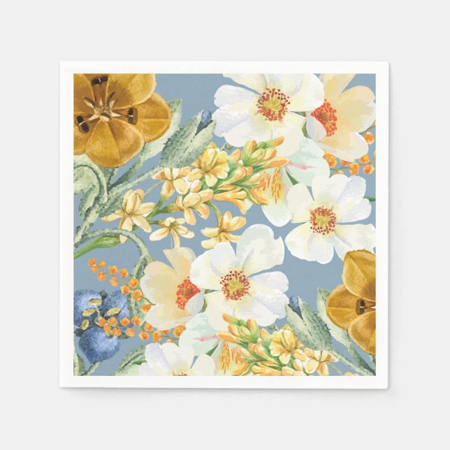 Dusty blue Watercolor floral garden flowers  Napkin (Front)