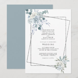 Dusty Blue Watercolor Floral Geometric Wedding Invitation