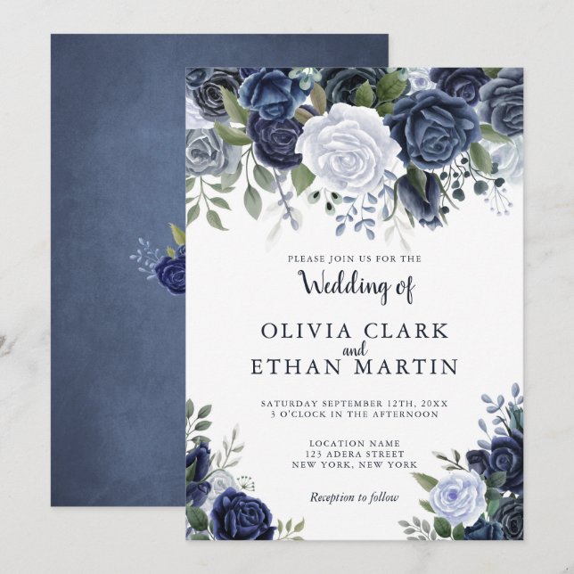 Dusty Blue Watercolor Floral Invitation (Front/Back)
