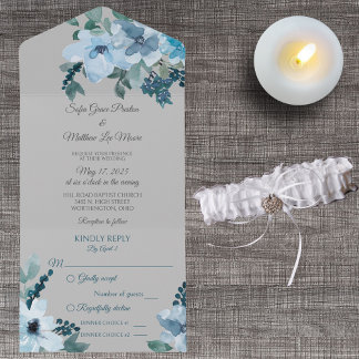 Dusty Blue Watercolor Floral on Pale Grey All In One Invitation