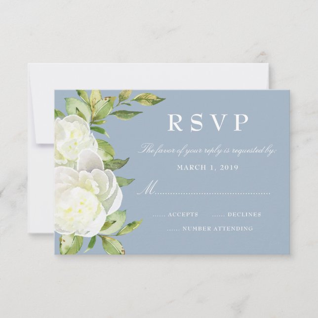 Dusty Blue Watercolor Floral Peony Wedding RSVP (Front)
