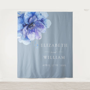 Dusty Blue Watercolor Floral Photo Booth Backdrop Tapestry