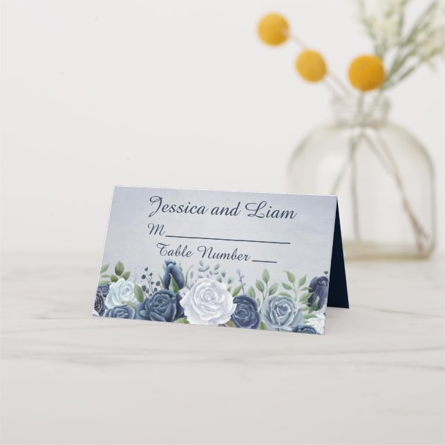 Dusty Blue Watercolor Floral Place Card (Front)