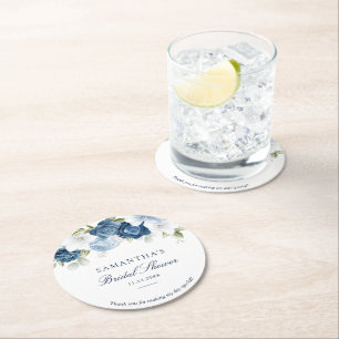 Dusty Blue Watercolor Floral Script Bridal Shower Round Paper Coaster