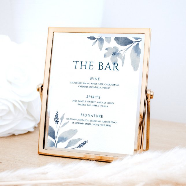 Dusty Blue Watercolor Floral Wedding Bar Menu Sign (Creator Uploaded)