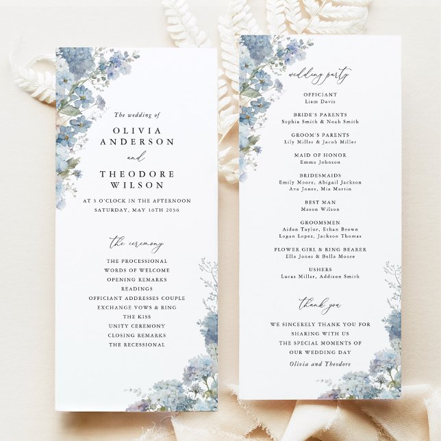 Dusty Blue Watercolor Floral Wedding Ceremony Program (Dusty blue watercolor floral wedding ceremony program, elegant classic day-of stationery flat lay)