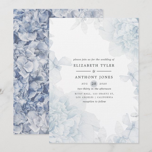 Dusty Blue Watercolor floral Wedding Invitation (Front/Back)