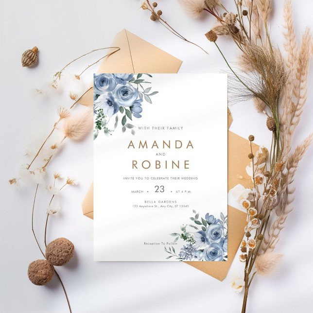 Dusty Blue Watercolor Floral Wedding Invitation (Creator Uploaded)