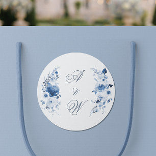 Dusty Blue Watercolor Floral Wedding Monogram Classic Round Sticker