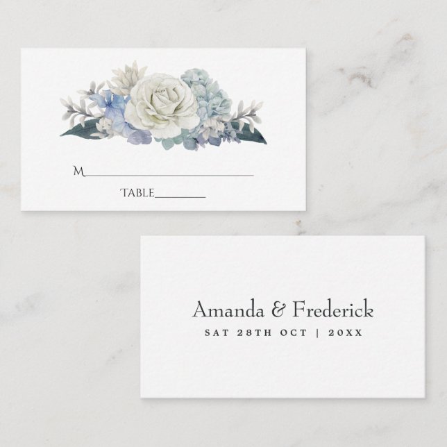 Dusty Blue Watercolor floral Wedding Place Card (Front/Back)