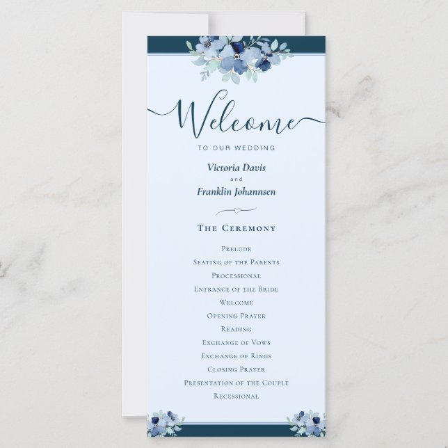 Dusty Blue Watercolor Floral Wedding Program (Front)