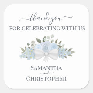Dusty Blue Watercolor Floral Wedding Thank You Square Sticker