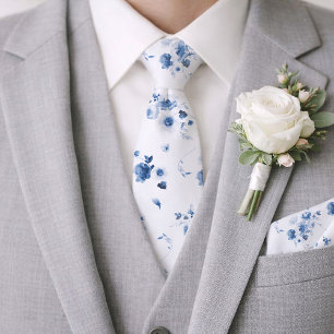 Dusty Blue Watercolor Floral Wedding Tie