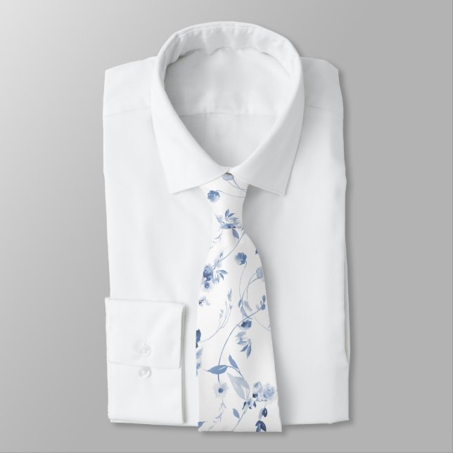 Dusty Blue Watercolor Floral Wedding Tie (Tied)